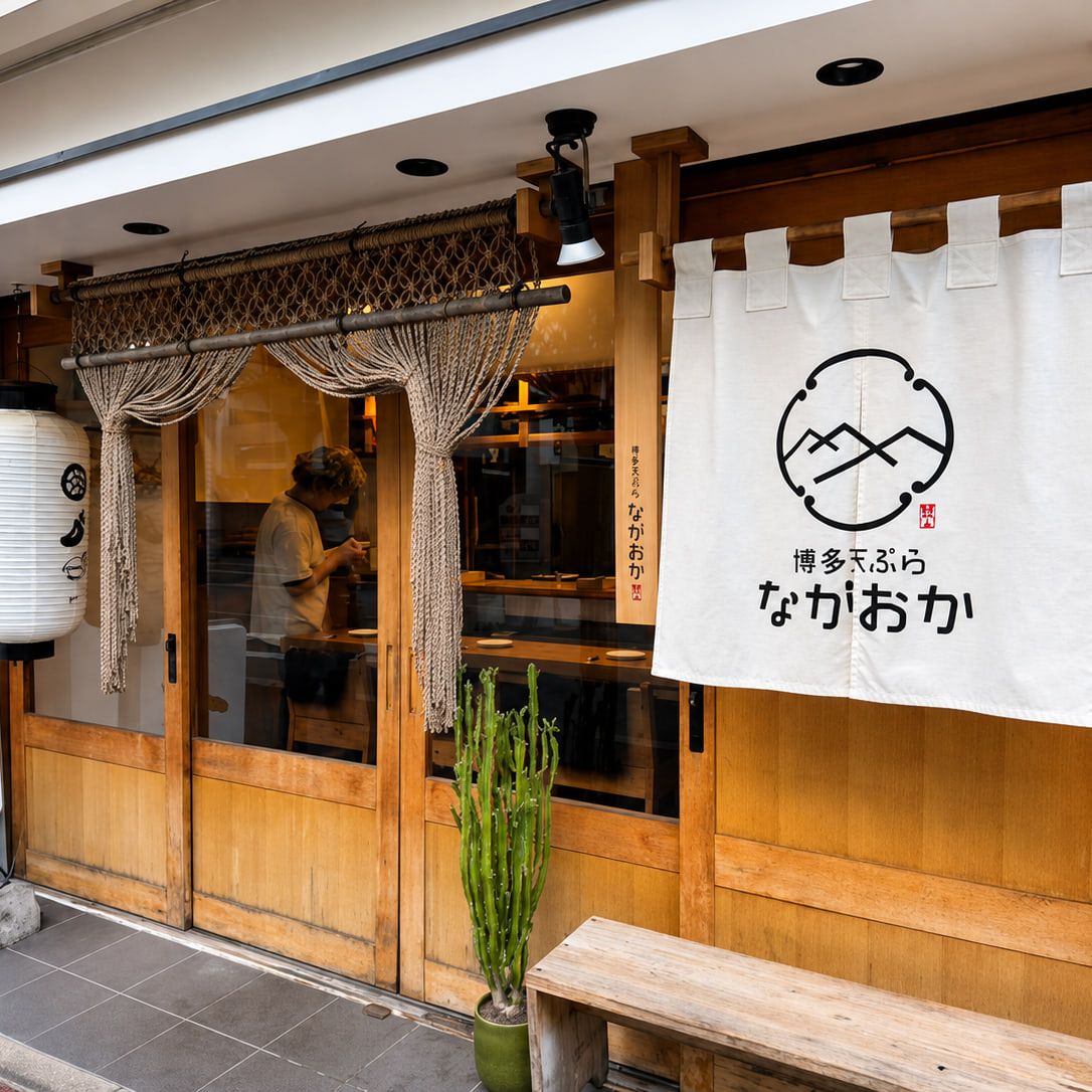店名ロゴを染め抜いたのれんと提灯が掛かる、博多天ぷら ながおか本店の店先